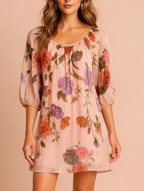 Bellambia Silk Blend Dress Blush Floral Sheer Peasant Sz L